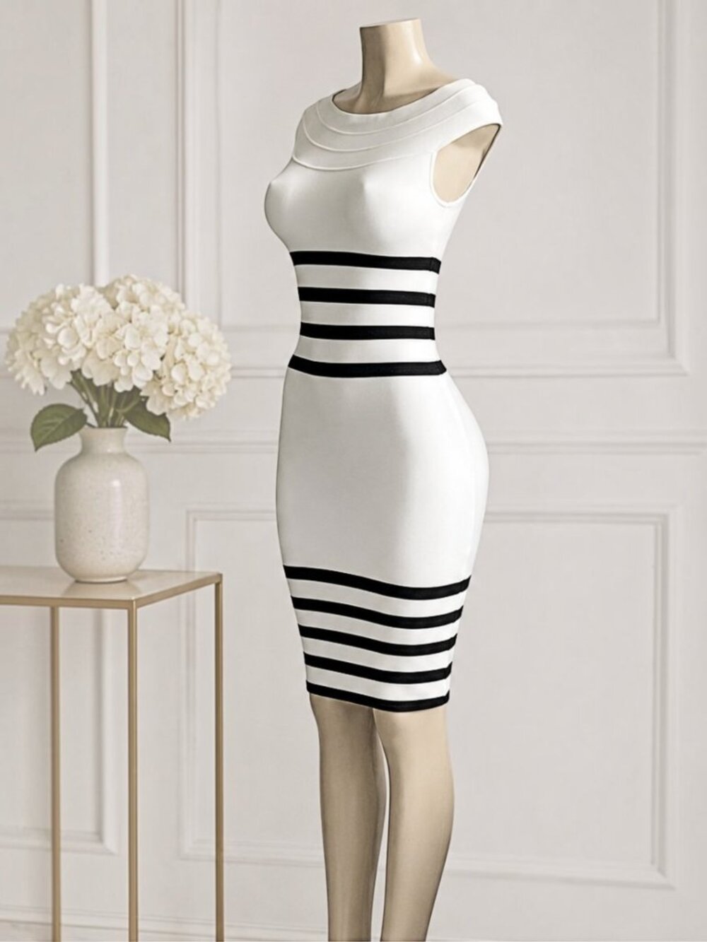 White Black Stripe Portrait Neck Sculpted Fit Bandage Dress | Boutique Style M